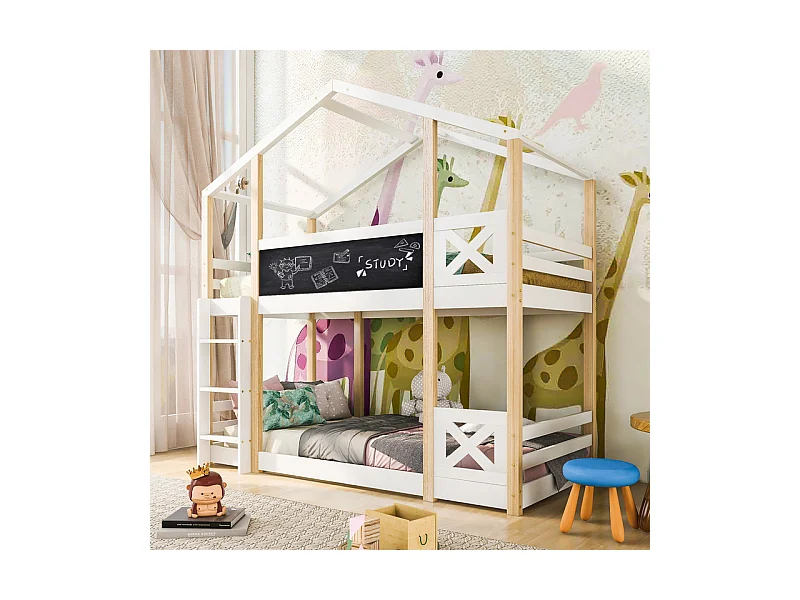 Lits superposés cabane 2x90x200cm - avec tableau de dessin - charge max 120kg - Pin - Nature et blanc