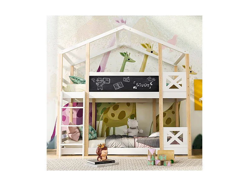 Lits superposés cabane 2x90x200cm - avec tableau de dessin - charge max 120kg - Pin - Nature et blanc