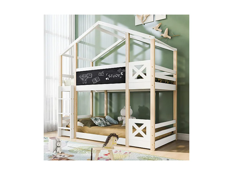 Lits superposés cabane 2x90x200cm - avec tableau de dessin - charge max 120kg - Pin - Nature et blanc