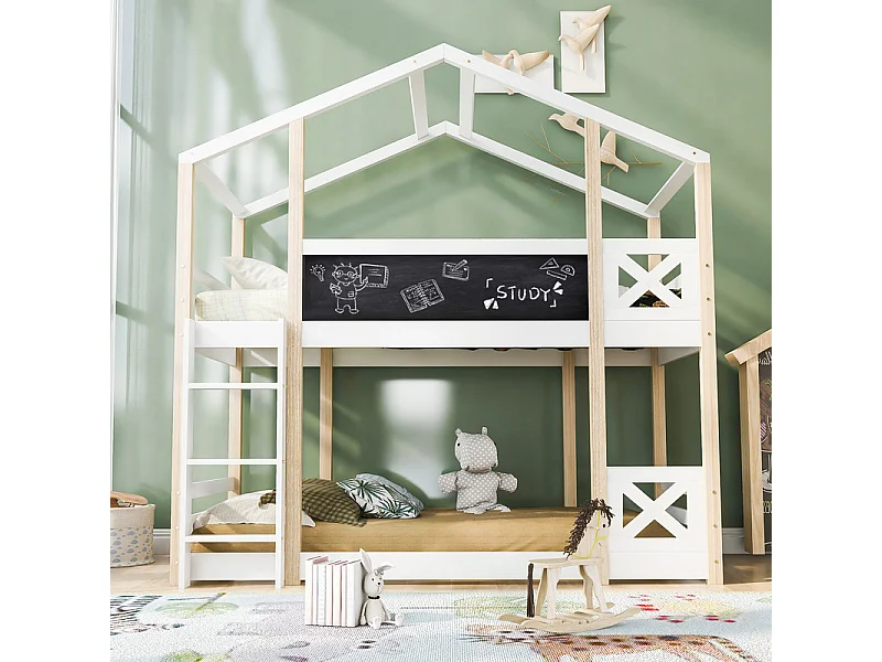 Lits superposés cabane 2x90x200cm - avec tableau de dessin - charge max 120kg - Pin - Nature et blanc