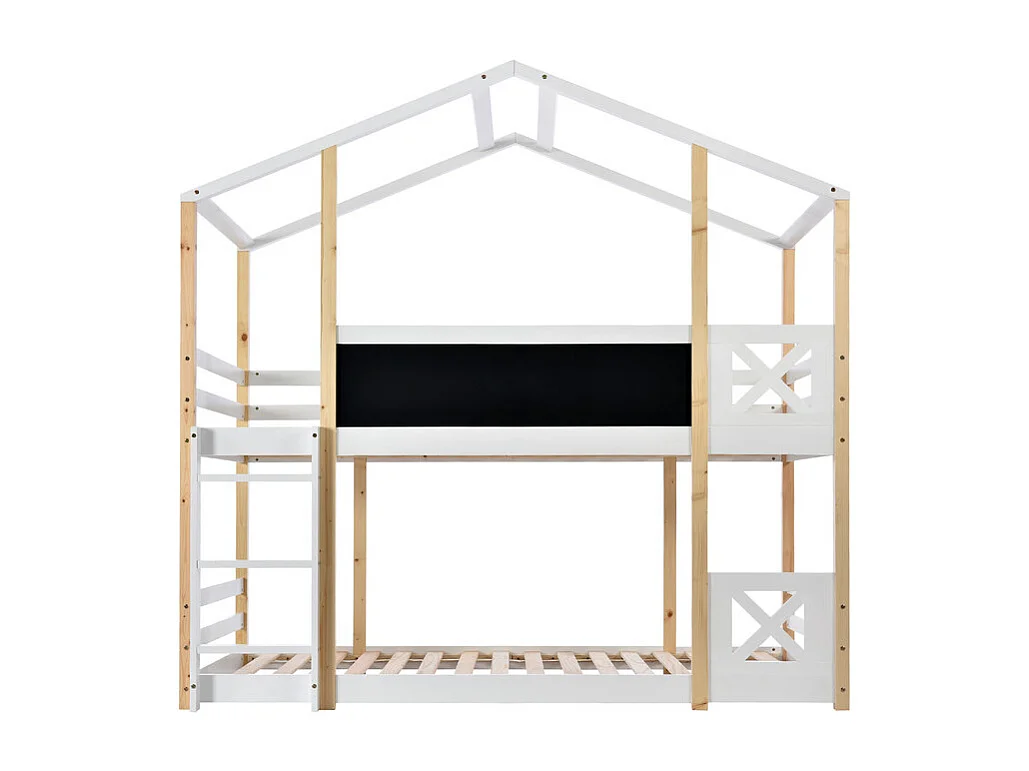 Lits superposés cabane 2x90x200cm - avec tableau de dessin - charge max 120kg - Pin - Nature et blanc