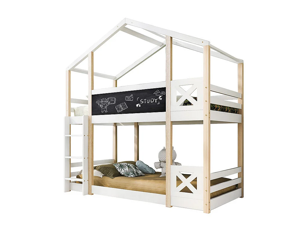 Lits superposés cabane 2x90x200cm - avec tableau de dessin - charge max 120kg - Pin - Nature et blanc