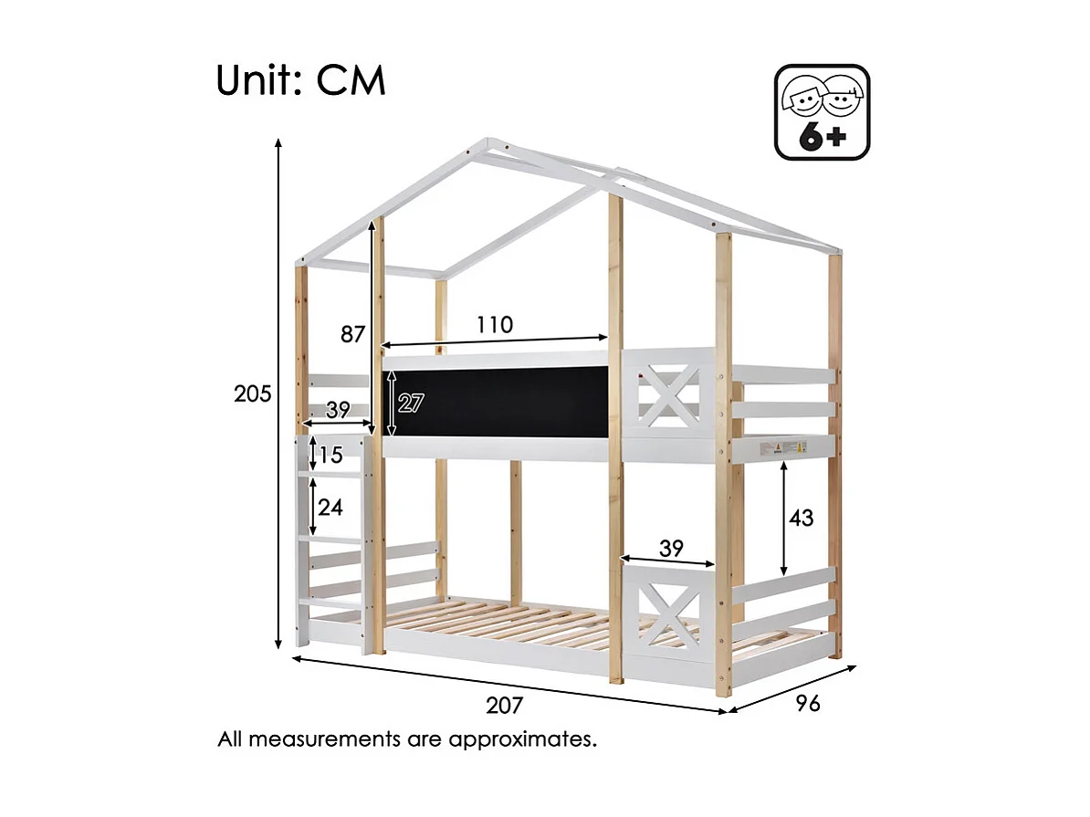 Lits superposés cabane 2x90x200cm - avec tableau de dessin - charge max 120kg - Pin - Nature et blanc