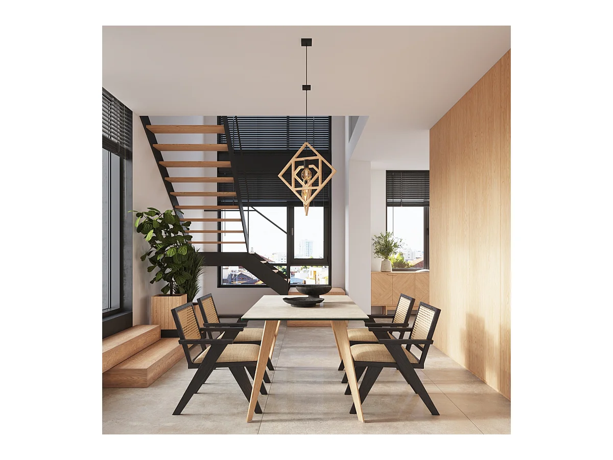 Lampe À Suspension Caro Moderne En Bois - 1 Sources Lumineuses - L.50 X H.145 Cm - Bois Naturel/Noir