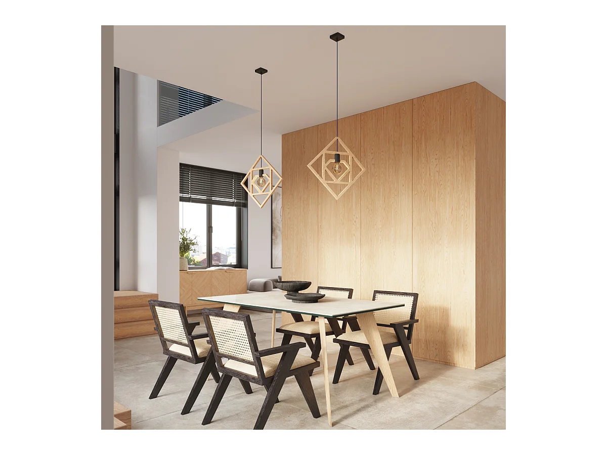 Lampe À Suspension Caro Moderne En Bois - 1 Sources Lumineuses - L.50 X H.145 Cm - Bois Naturel/Noir