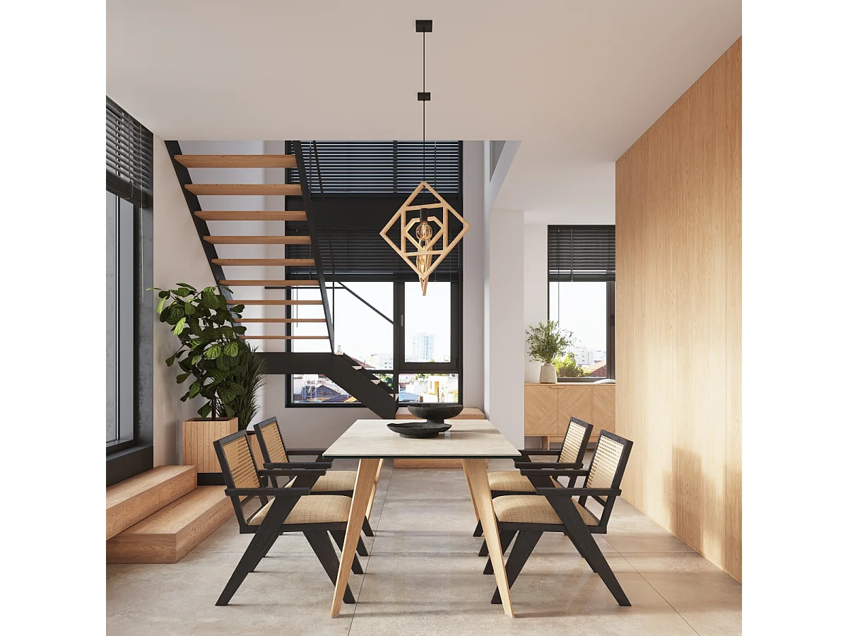 Lampe À Suspension Caro Moderne En Bois - 1 Sources Lumineuses - L.50 X H.145 Cm - Bois Naturel/Noir