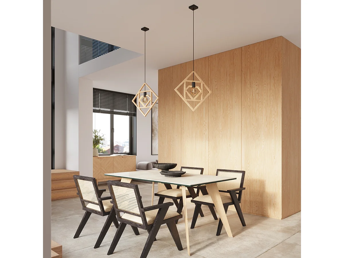 Lampe À Suspension Caro Moderne En Bois - 1 Sources Lumineuses - L.50 X H.145 Cm - Bois Naturel/Noir