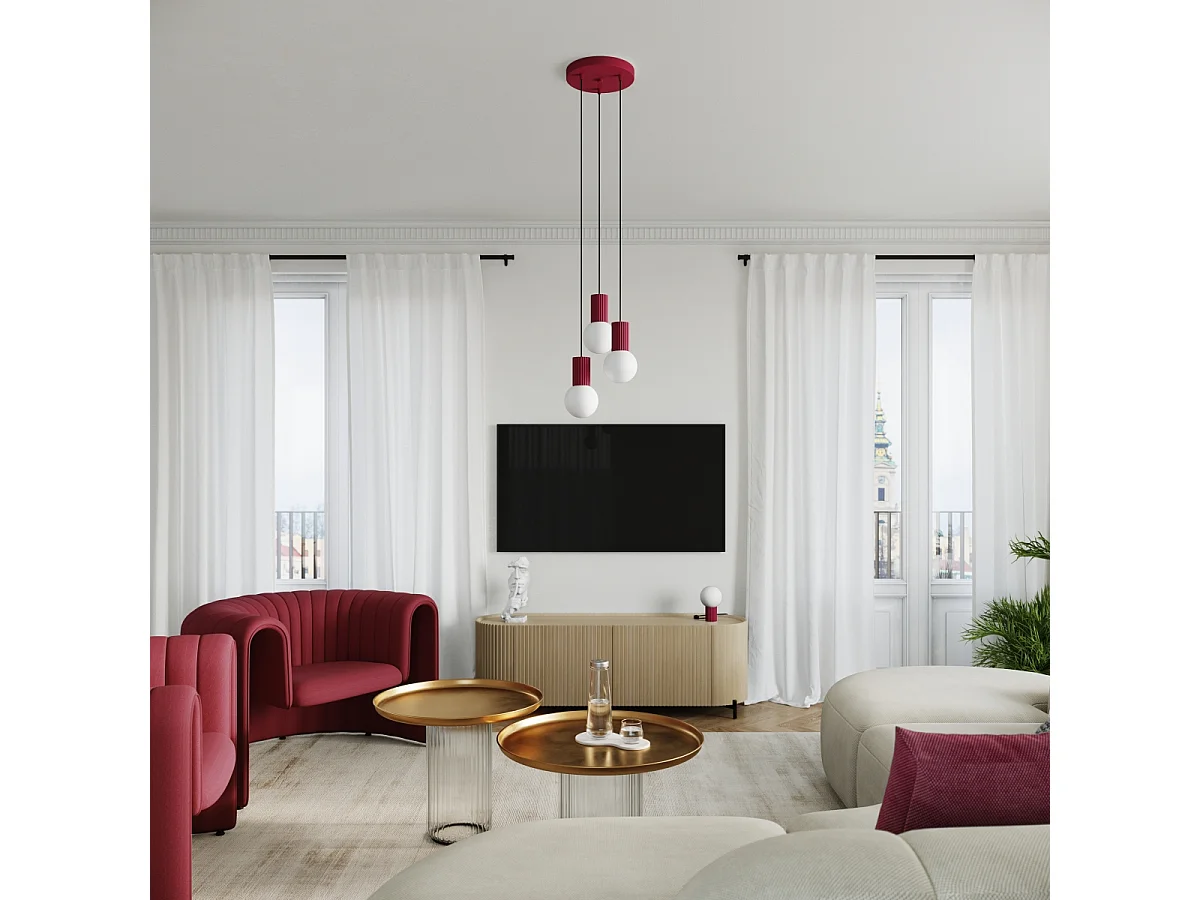 Lampe À Suspension Halo Moderne En Aluminium/Verre - 3 Sources Lumineuses - L.25 X H.125 Cm - Bourgogne