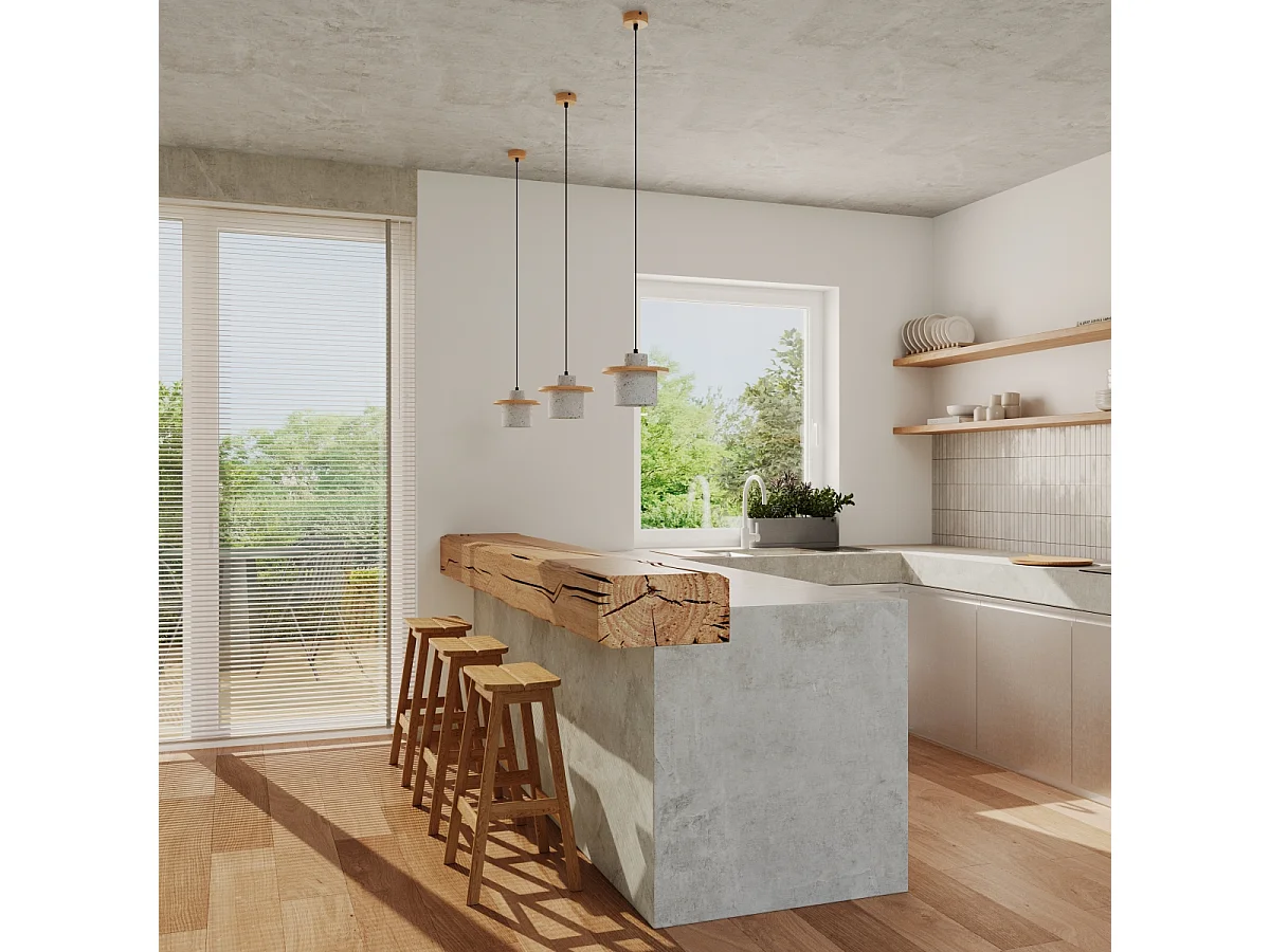 Lampe À Suspension Mab Moderne En Béton/Bois - 1 Sources Lumineuses - L.22 X H.125 Cm - Gris/Bois Naturel