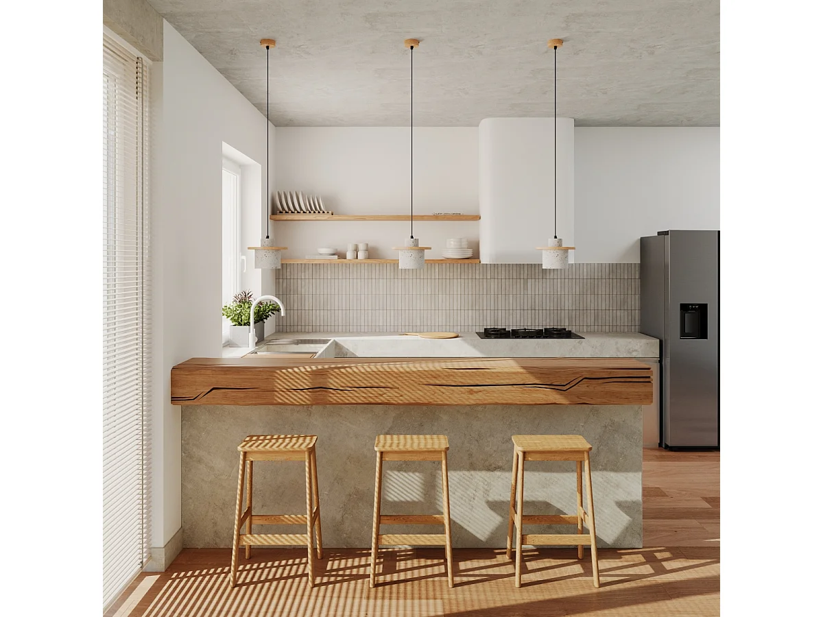 Lampe À Suspension Mab Moderne En Béton/Bois - 1 Sources Lumineuses - L.22 X H.125 Cm - Gris/Bois Naturel