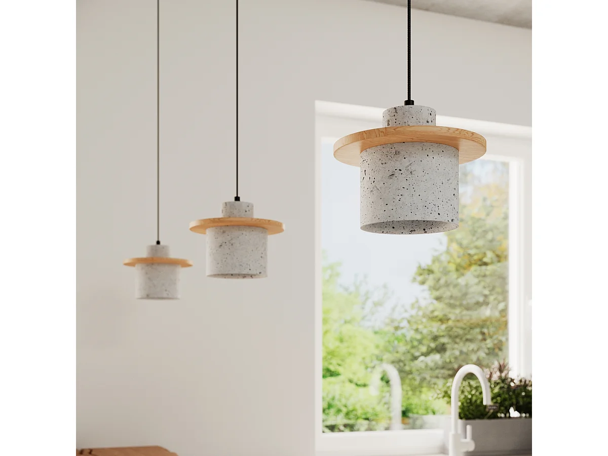 Lampe À Suspension Mab Moderne En Béton/Bois - 1 Sources Lumineuses - L.22 X H.125 Cm - Gris/Bois Naturel