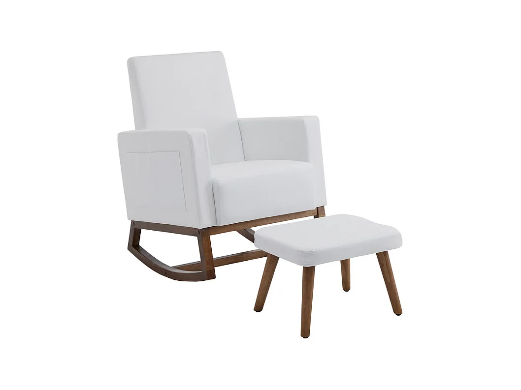 Fauteuil à bascule avec pouf en tissu blanc, avec sac de rangement et pieds de bois massif, 66.5x84x92.5cm