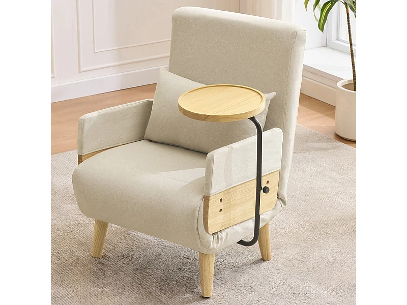 Sillón convertible de lino beige, con mesa de madera y almohada, respaldo ajustable, superficie para acostarse 180x62 cm
