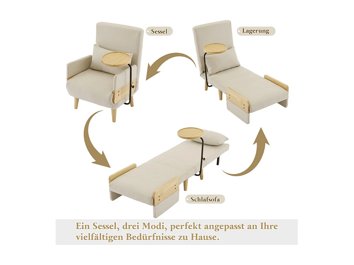 Sillón convertible de lino beige, con mesa de madera y almohada, respaldo ajustable, superficie para acostarse 180x62 cm