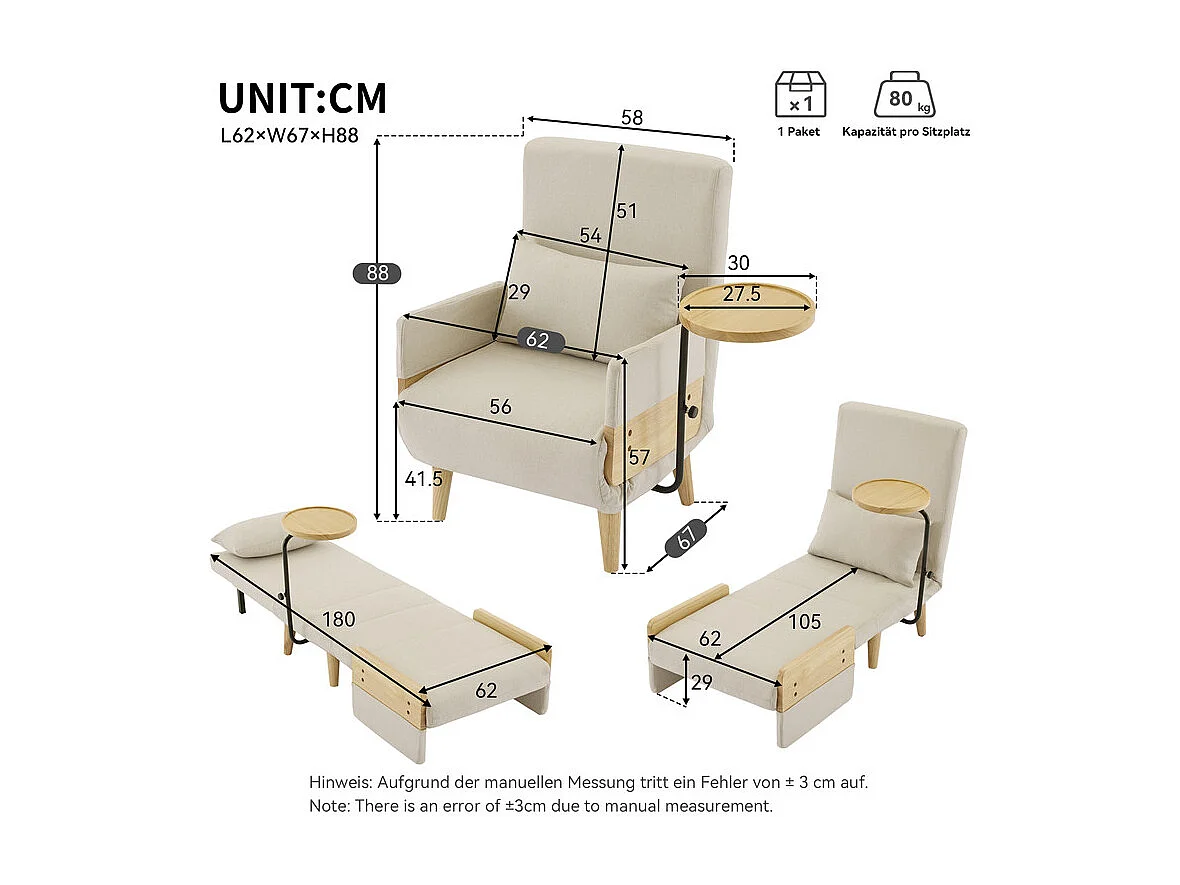 Sillón convertible de lino beige, con mesa de madera y almohada, respaldo ajustable, superficie para acostarse 180x62 cm