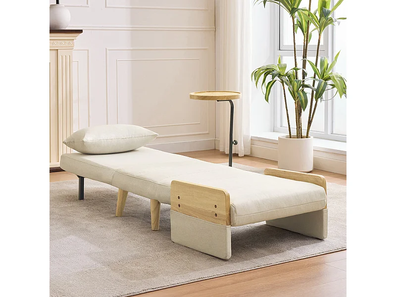 Sillón convertible de lino beige, con mesa de madera y almohada, respaldo ajustable, superficie para acostarse 180x62 cm