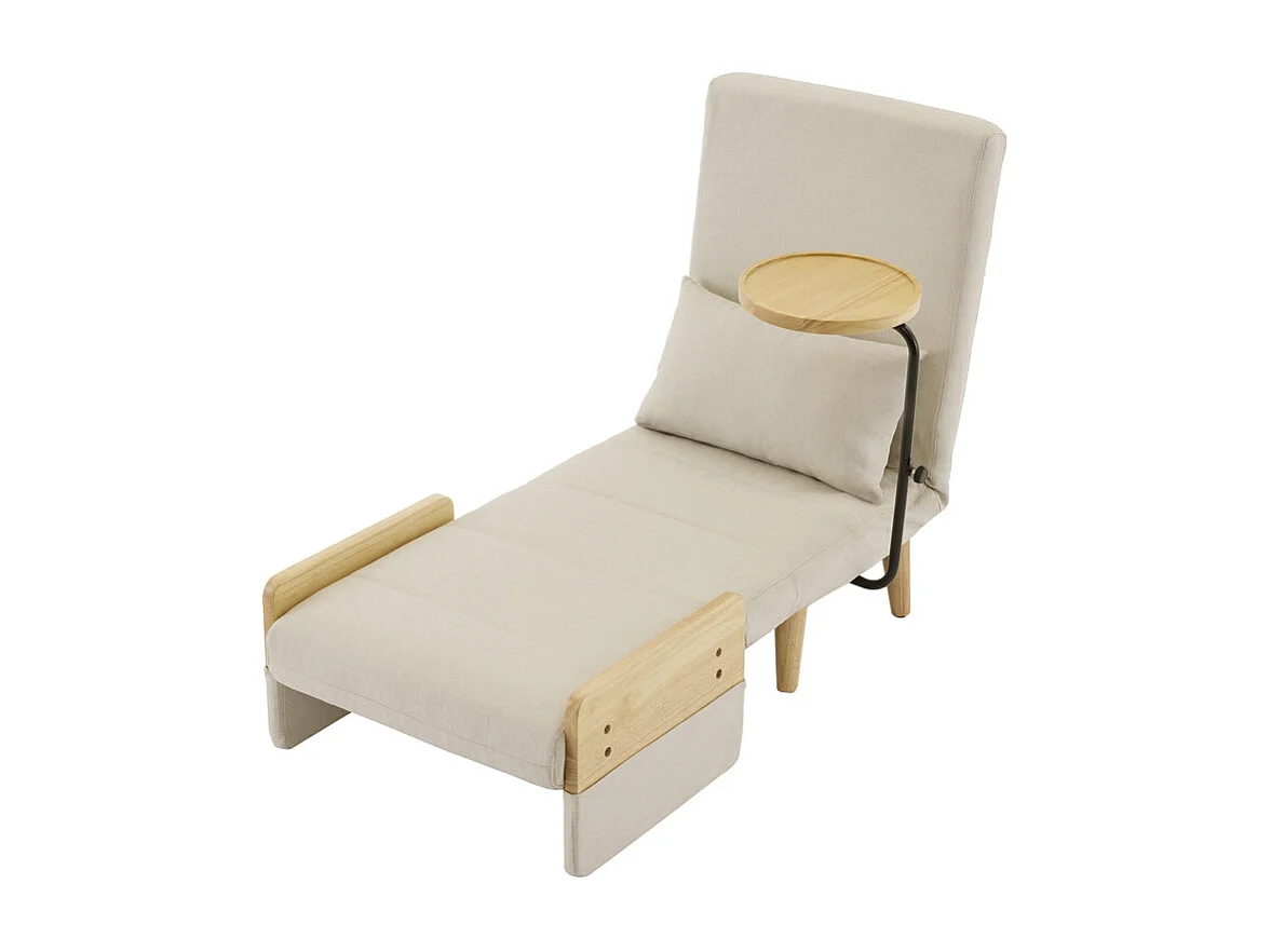 Sillón convertible de lino beige, con mesa de madera y almohada, respaldo ajustable, superficie para acostarse 180x62 cm