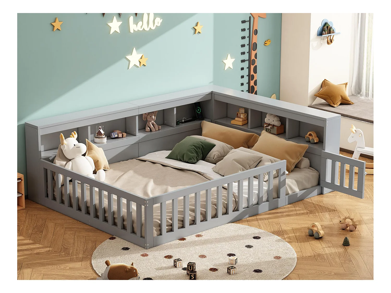 Lit enfant 140x200cm - chevet avec rangements - sommier à lattes - avec prise et port USB - gris