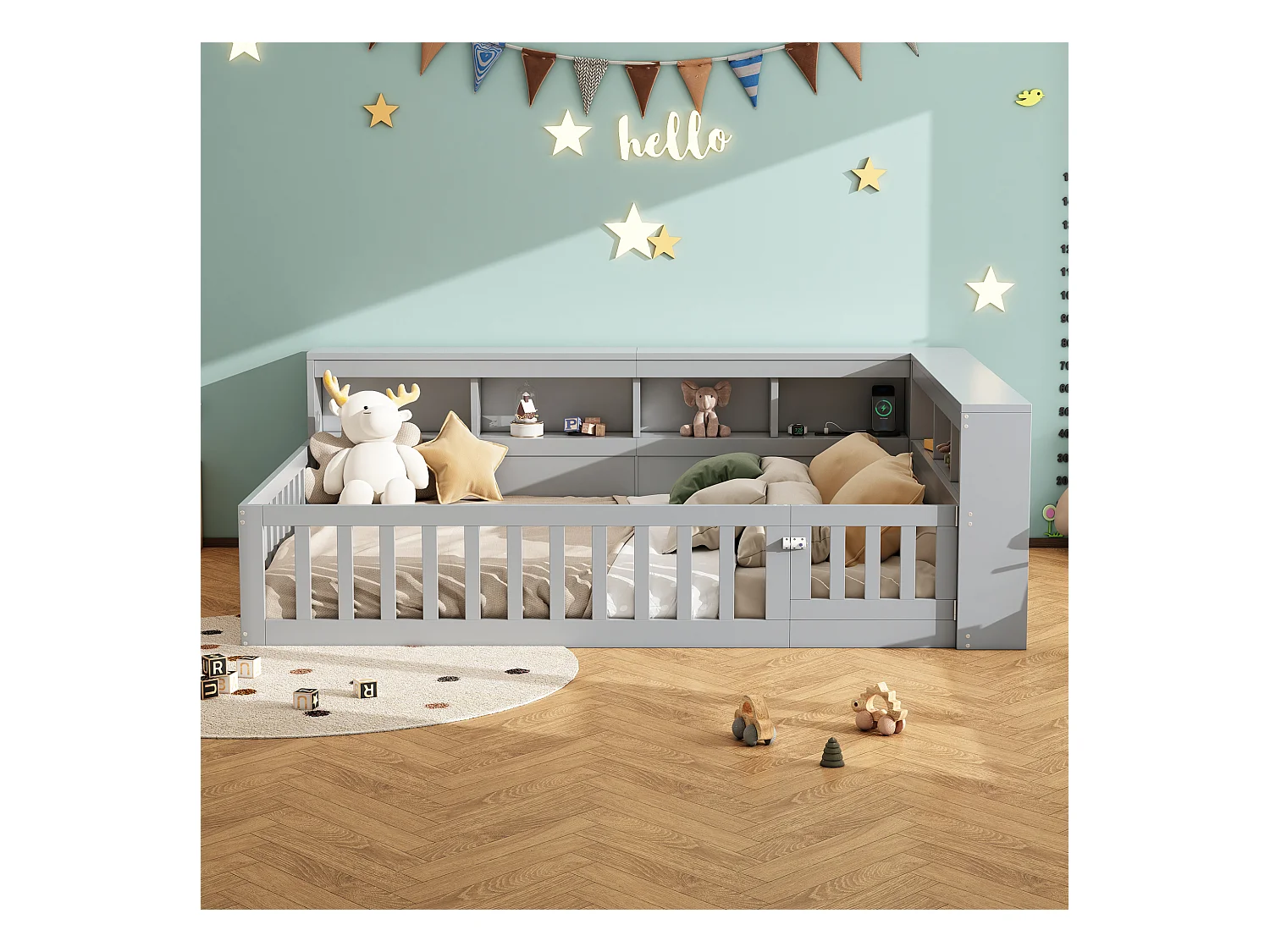 Lit enfant 140x200cm - chevet avec rangements - sommier à lattes - avec prise et port USB - gris