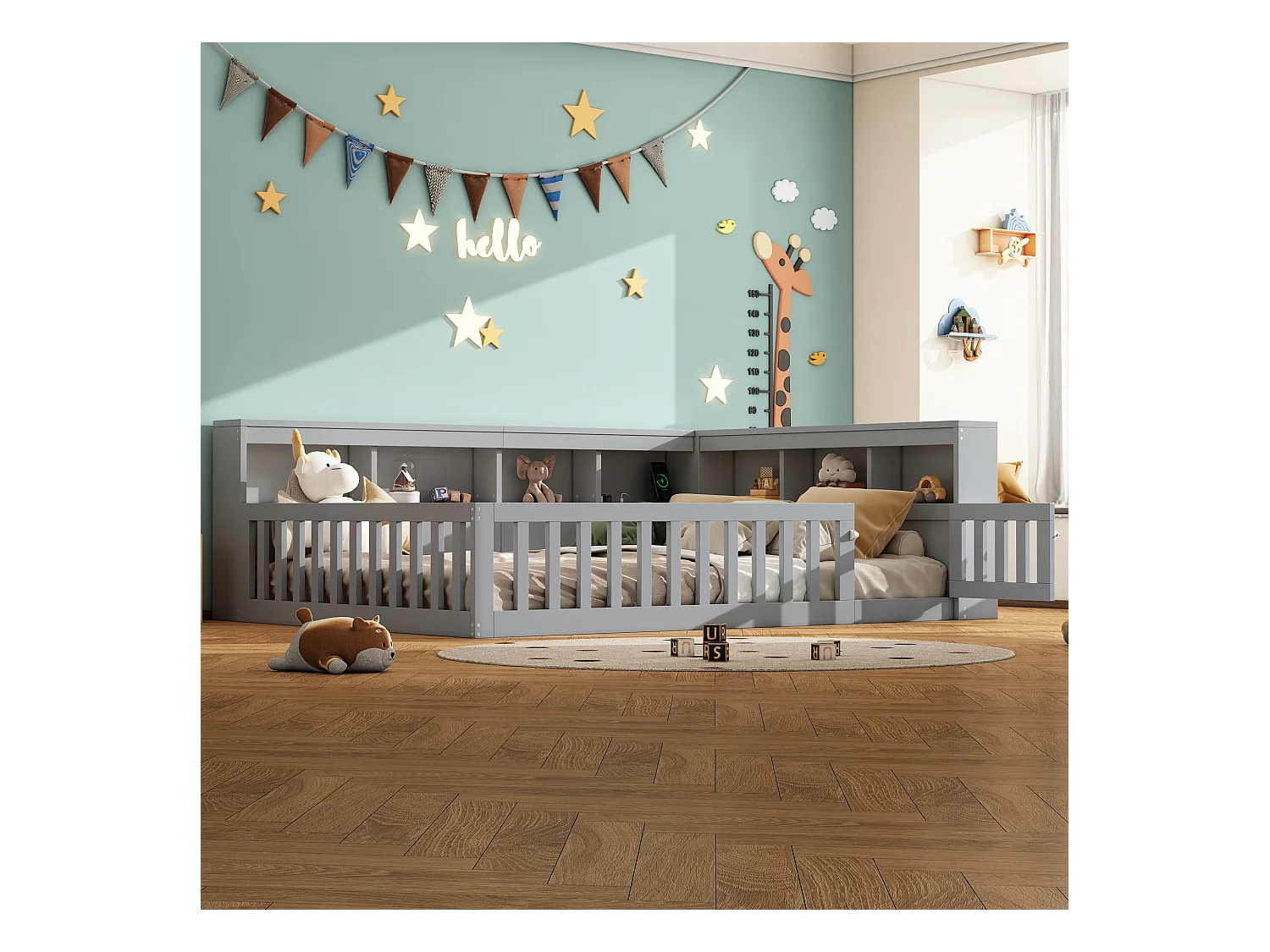 Lit enfant 140x200cm - chevet avec rangements - sommier à lattes - avec prise et port USB - gris