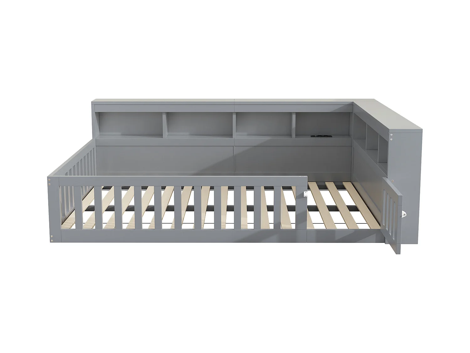 Kinderbett 140x200 cm - Kopfteil con Staufach - Lattenrost - mit Steckdose und USB-Anschluss - grau