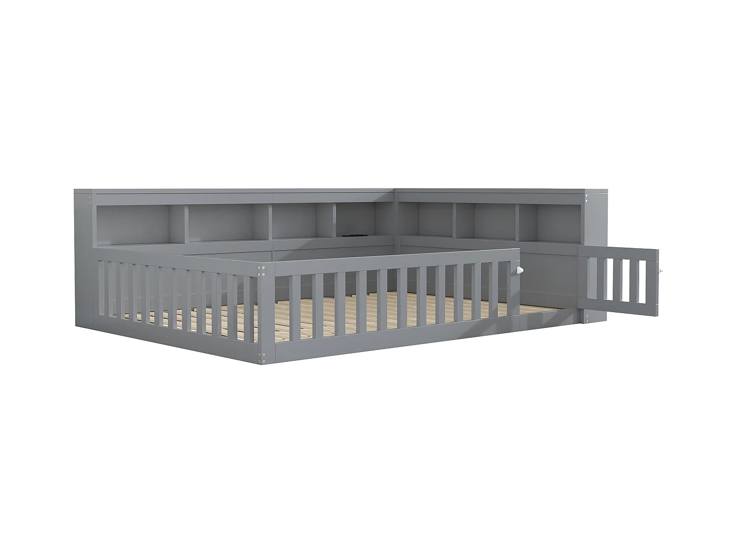 Kinderbett 140x200 cm - Kopfteil con Staufach - Lattenrost - mit Steckdose und USB-Anschluss - grau