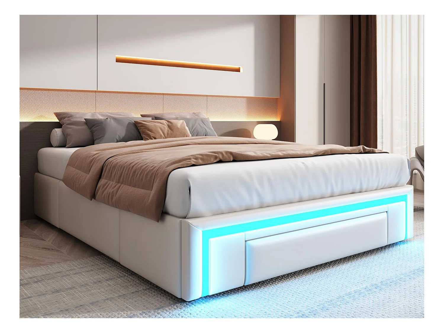 Gekapotteerd bed 140x200 cm - met 3 lades - van PU-leer - zonder hoofdeinde - met LED-verlichting - beige
