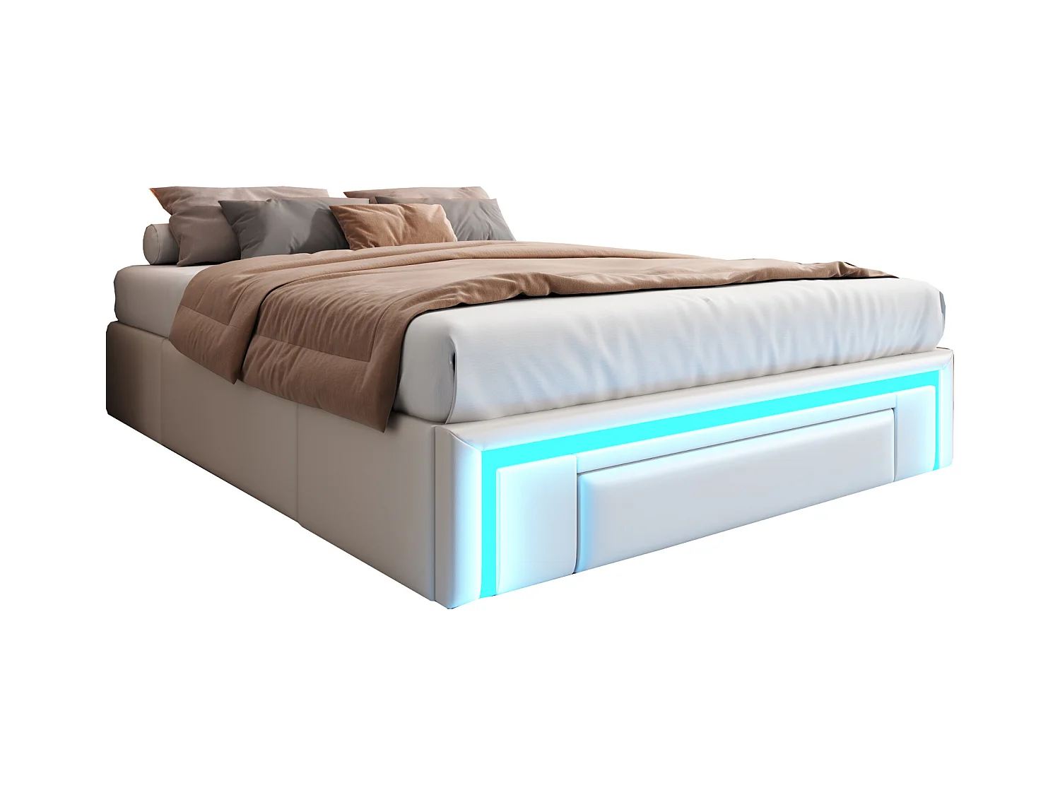 Gekapotteerd bed 140x200 cm - met 3 lades - van PU-leer - zonder hoofdeinde - met LED-verlichting - beige