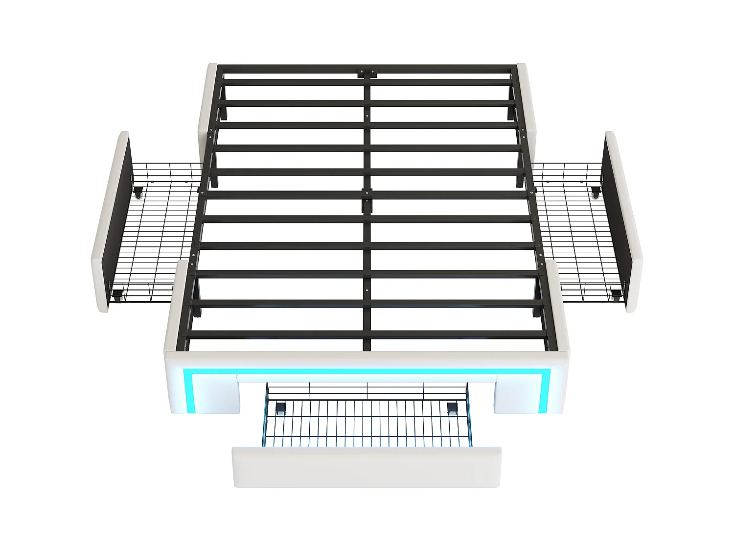 Gekapotteerd bed 140x200 cm - met 3 lades - van PU-leer - zonder hoofdeinde - met LED-verlichting - beige