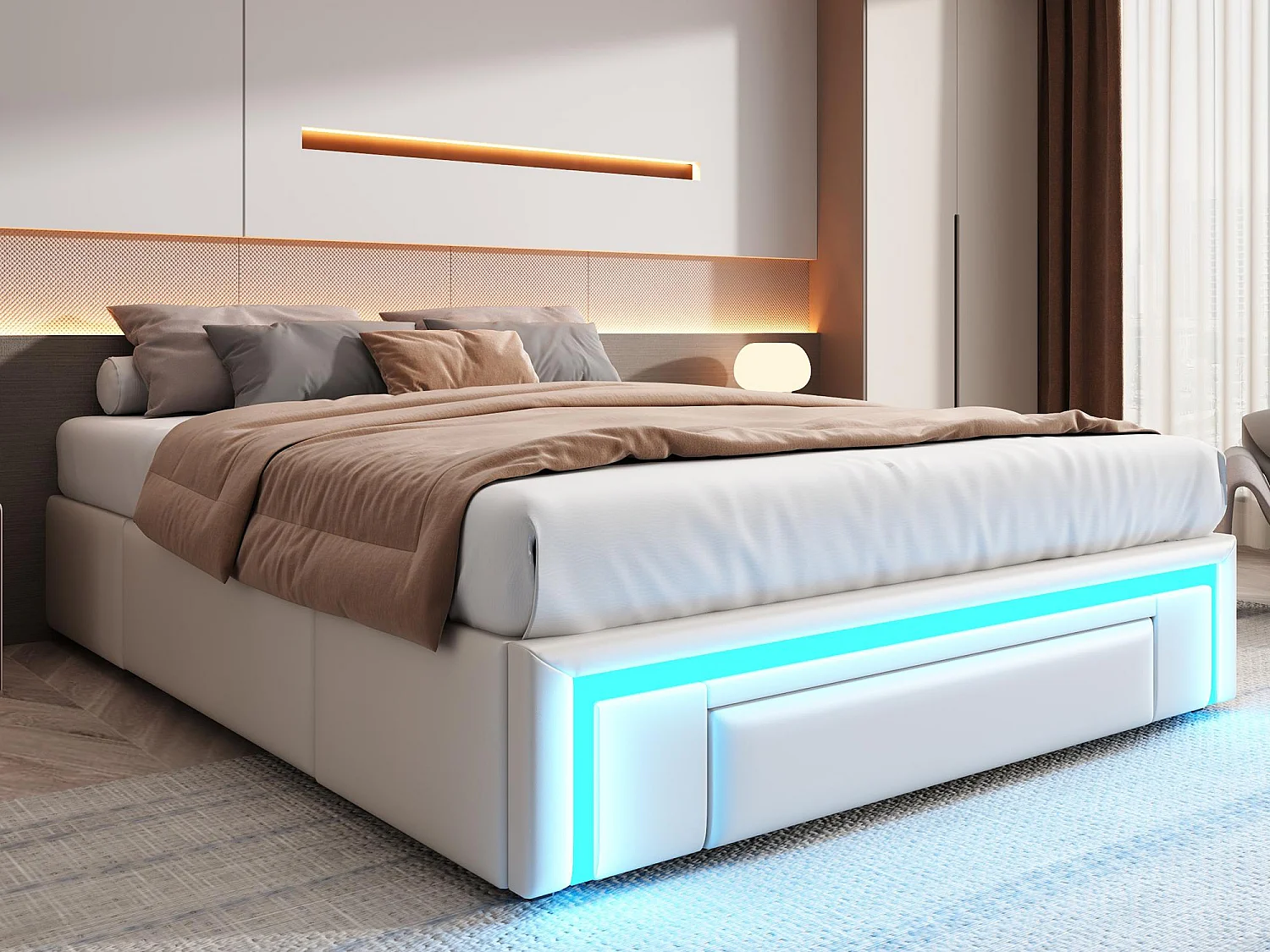 Gepolstertes Bett 140x200 cm - mit 3 Schubladen - aus PU-Leder - ohne Kopfteil - mit LED-Beleuchtung - beige