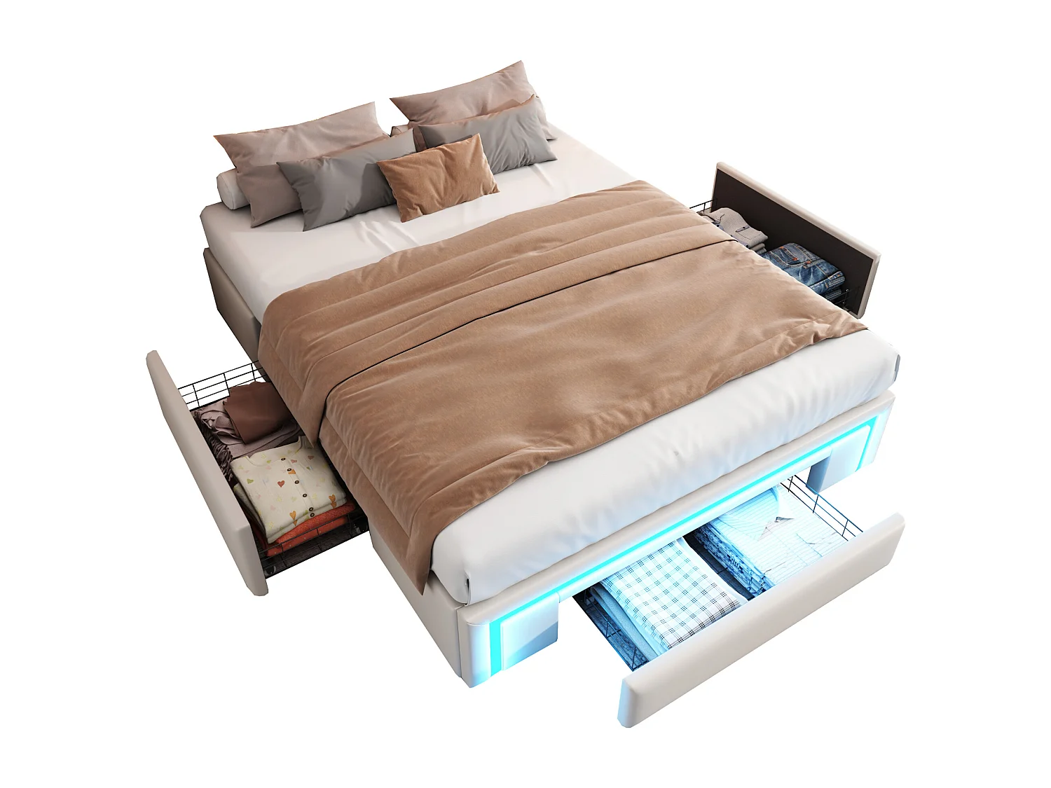Gepolstertes Bett 140x200 cm - mit 3 Schubladen - aus PU-Leder - ohne Kopfteil - mit LED-Beleuchtung - beige
