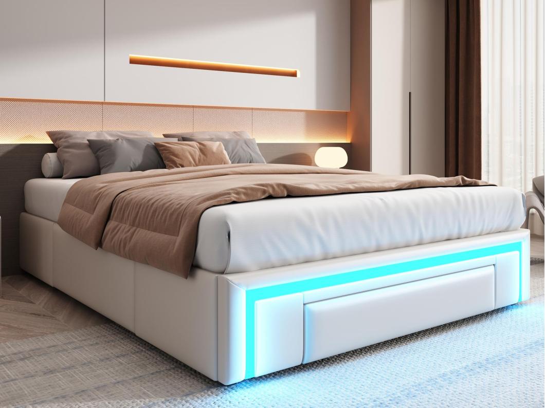 Cama estofada 140x200 cm - com 3 gavetas - em couro PU - sem cabeceira - com luz LED - bege