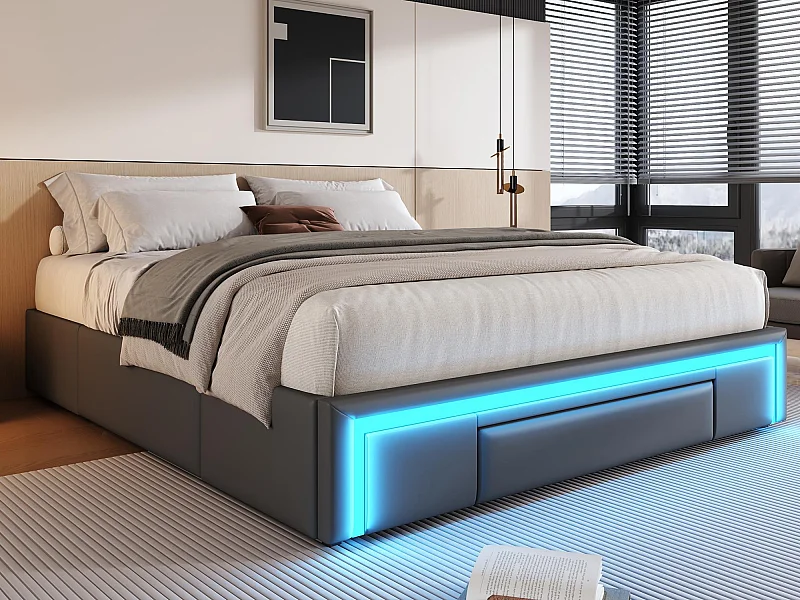 Lit rembourré 160x200cm - avec 3 tiroirs - lit en cuir PU - sans tête de lit - avec lumière LED - gris