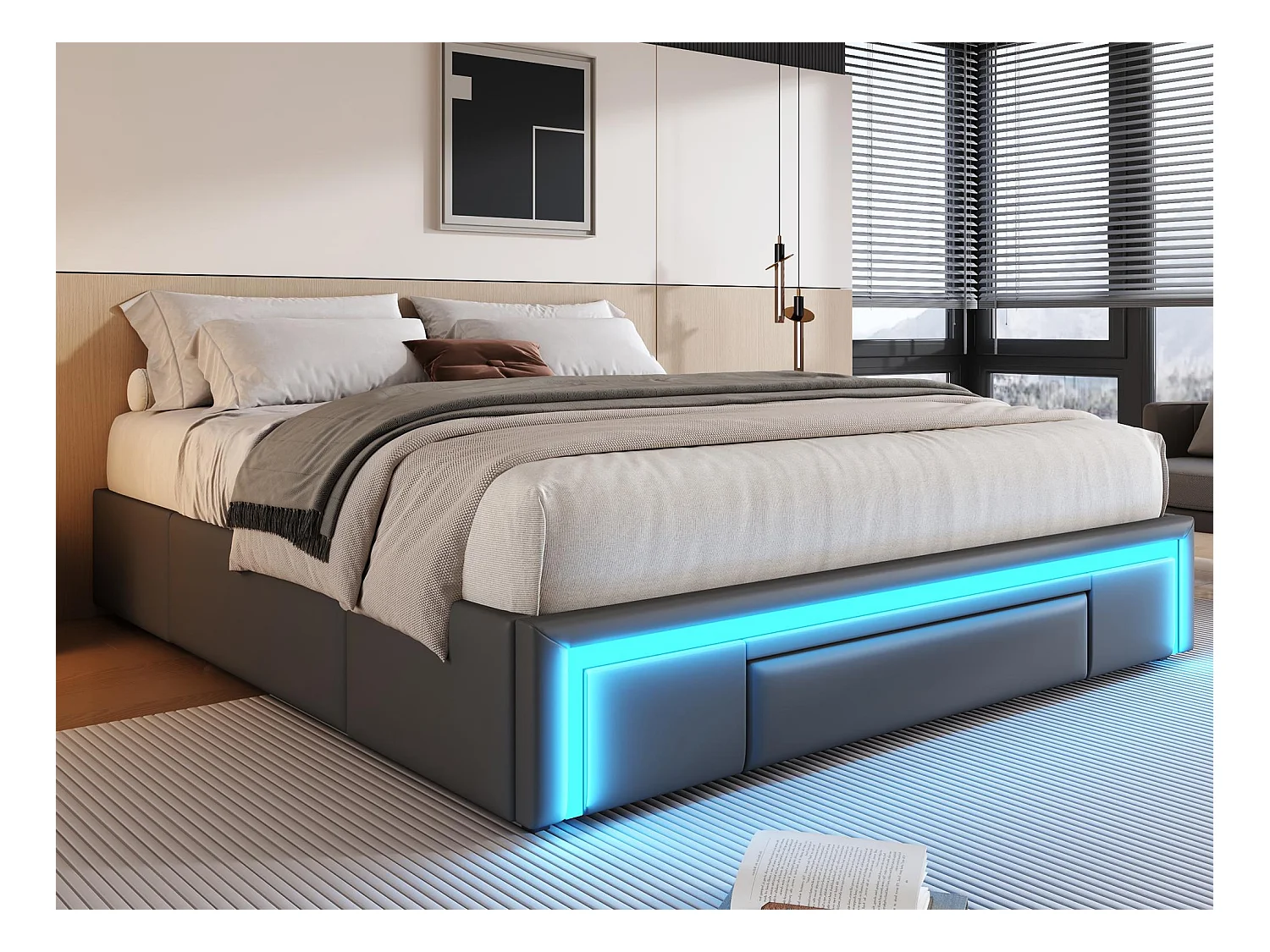 Lit rembourré 160x200cm - avec 3 tiroirs - lit en cuir PU - sans tête de lit - avec lumière LED - gris