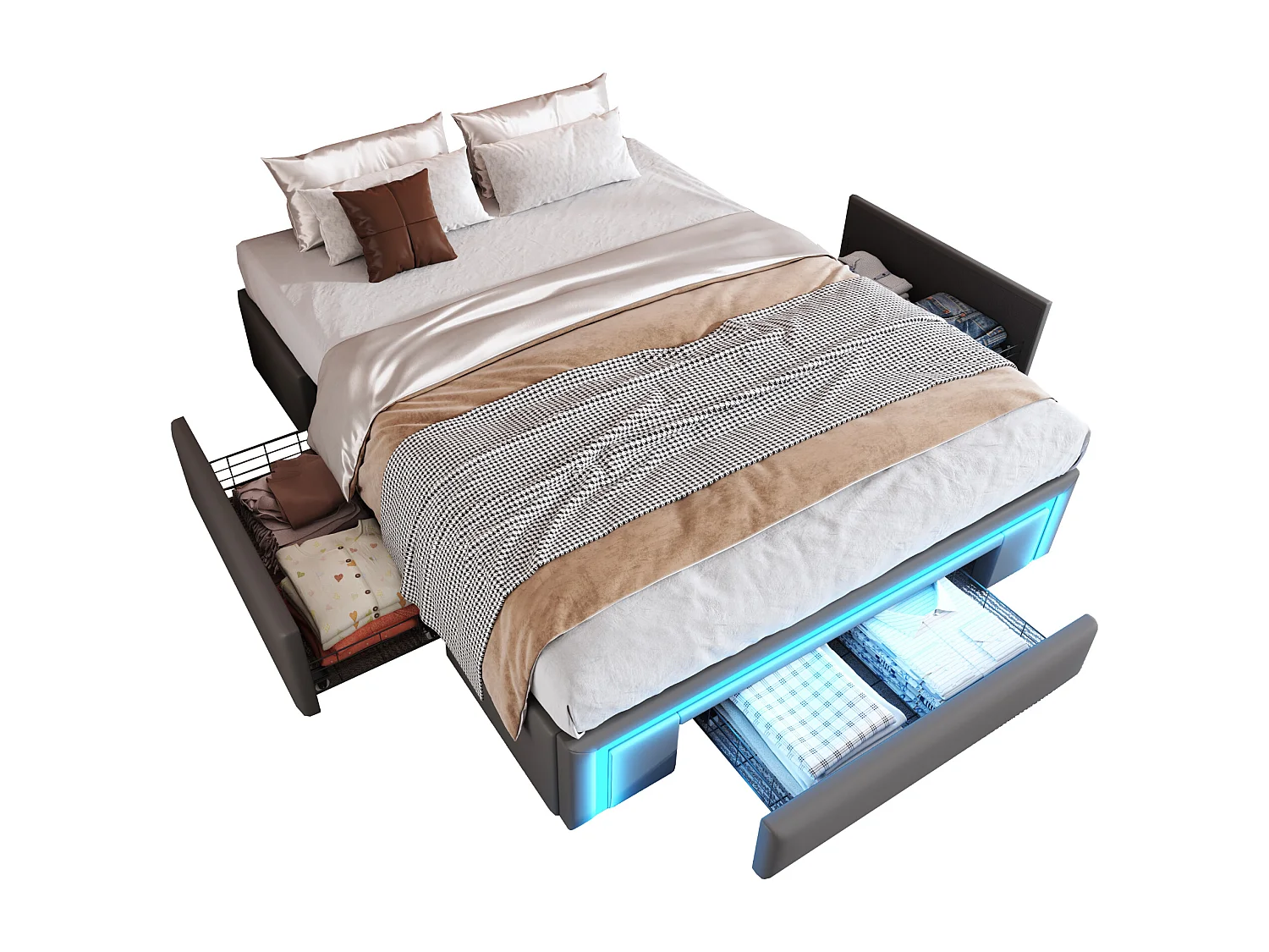 Lit rembourré 160x200cm - avec 3 tiroirs - lit en cuir PU - sans tête de lit - avec lumière LED - gris