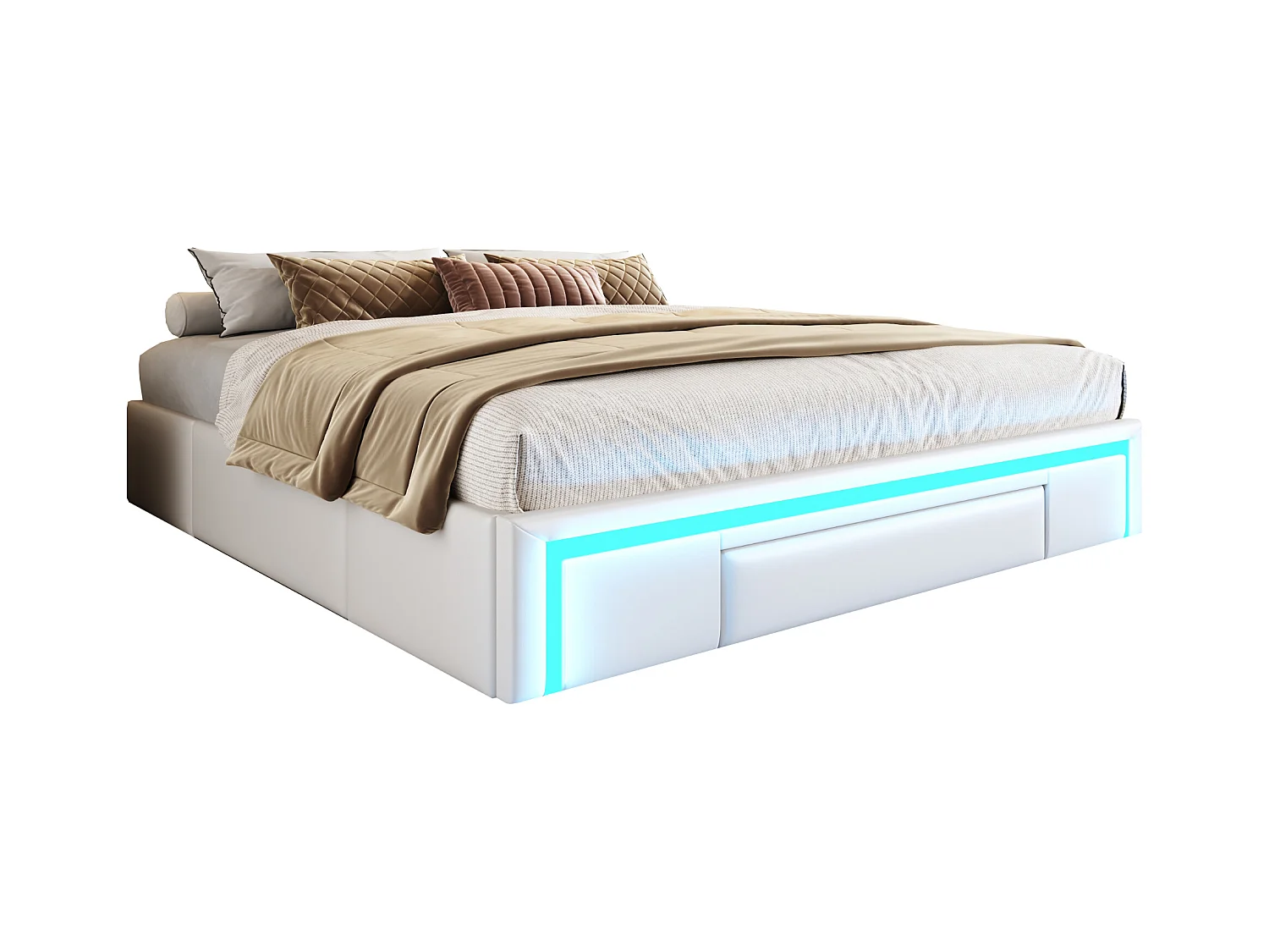 Lit rembourré 180x200cm - avec 3 tiroirs - lit en cuir PU - sans tête de lit - avec lumière LED - beige