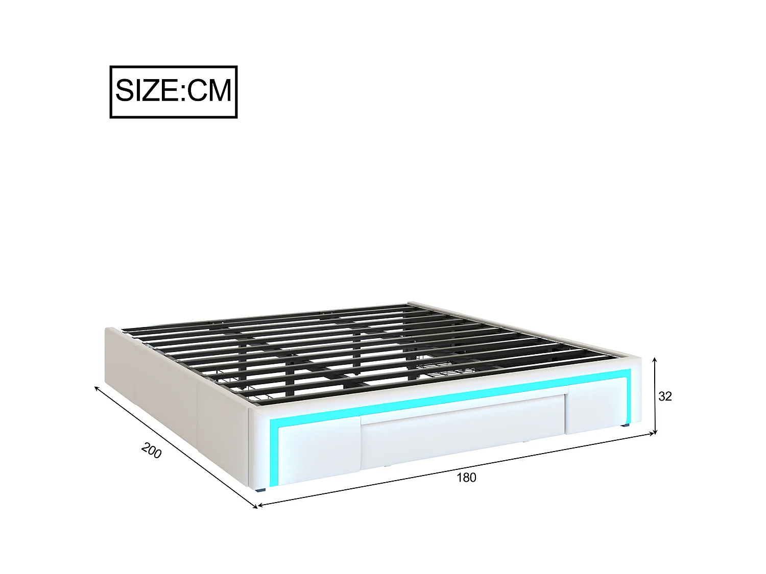 Lit rembourré 180x200cm - avec 3 tiroirs - lit en cuir PU - sans tête de lit - avec lumière LED - beige