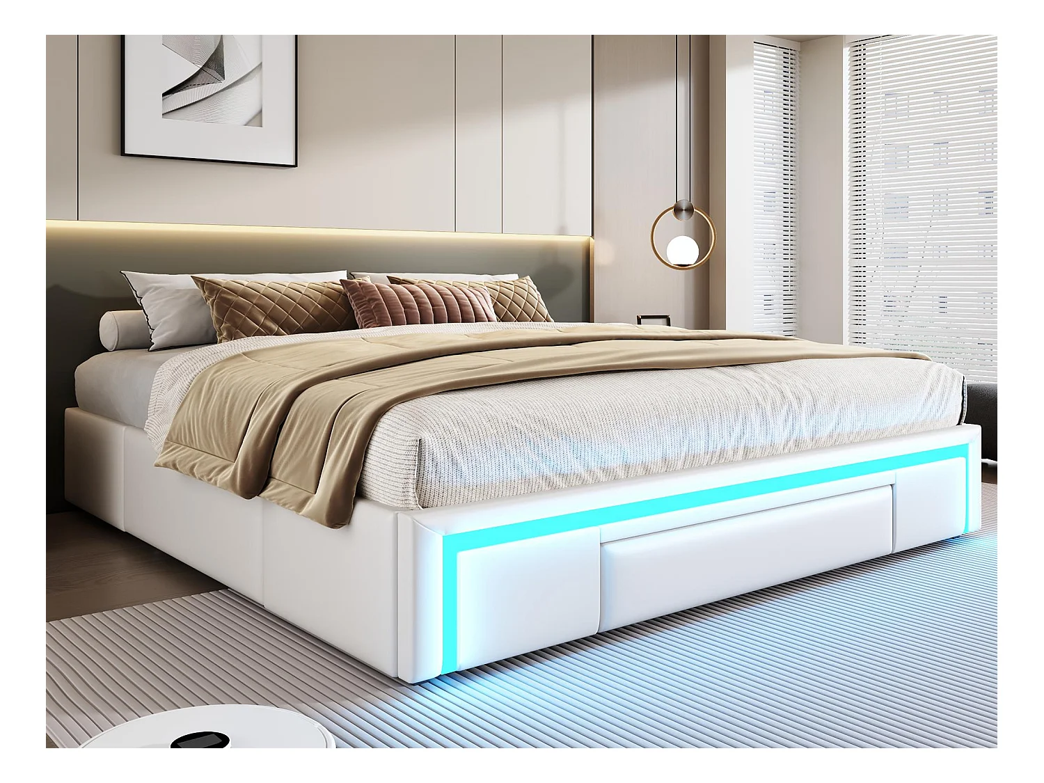 Lit rembourré 180x200cm - avec 3 tiroirs - lit en cuir PU - sans tête de lit - avec lumière LED - beige