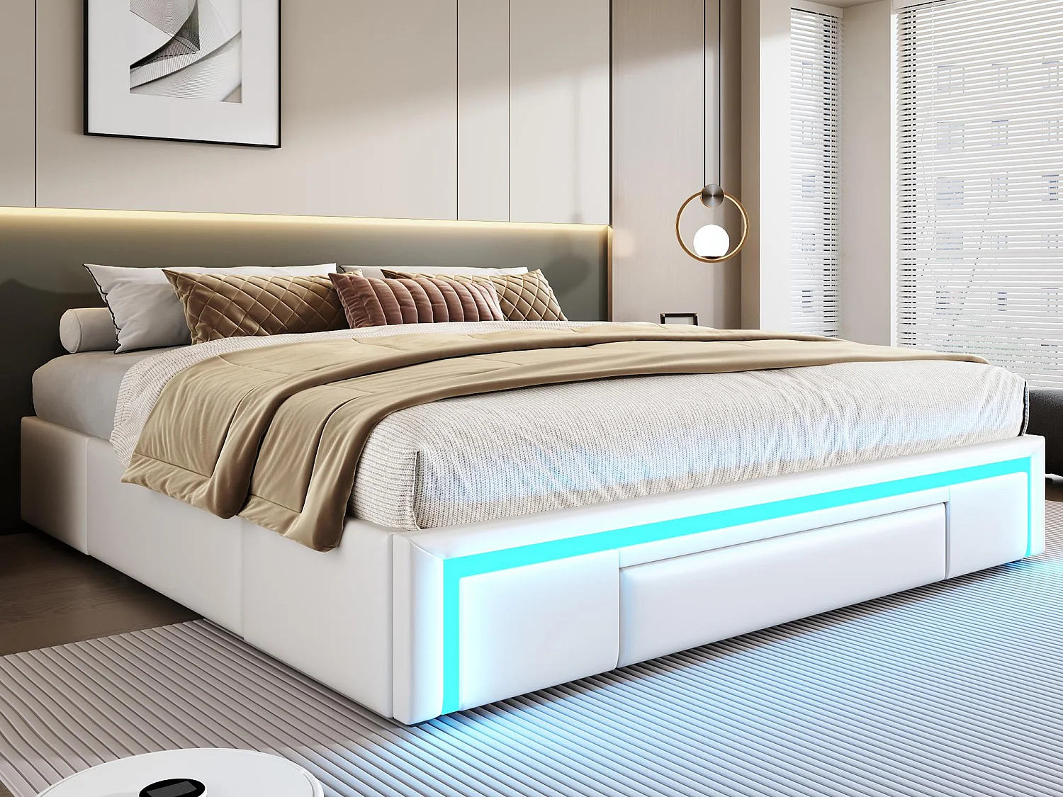 Letto imbottito 180x200 cm - con 3 cassetti - in pelle PU - senza testiera - con luce LED - beige