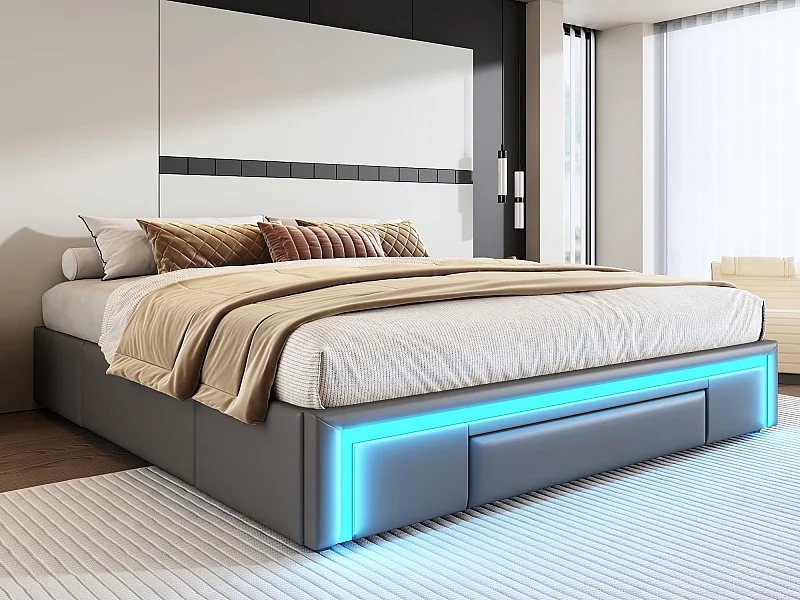 Lit rembourré 180x200cm - avec 3 tiroirs - lit en cuir PU - sans tête de lit - avec lumière LED - gris