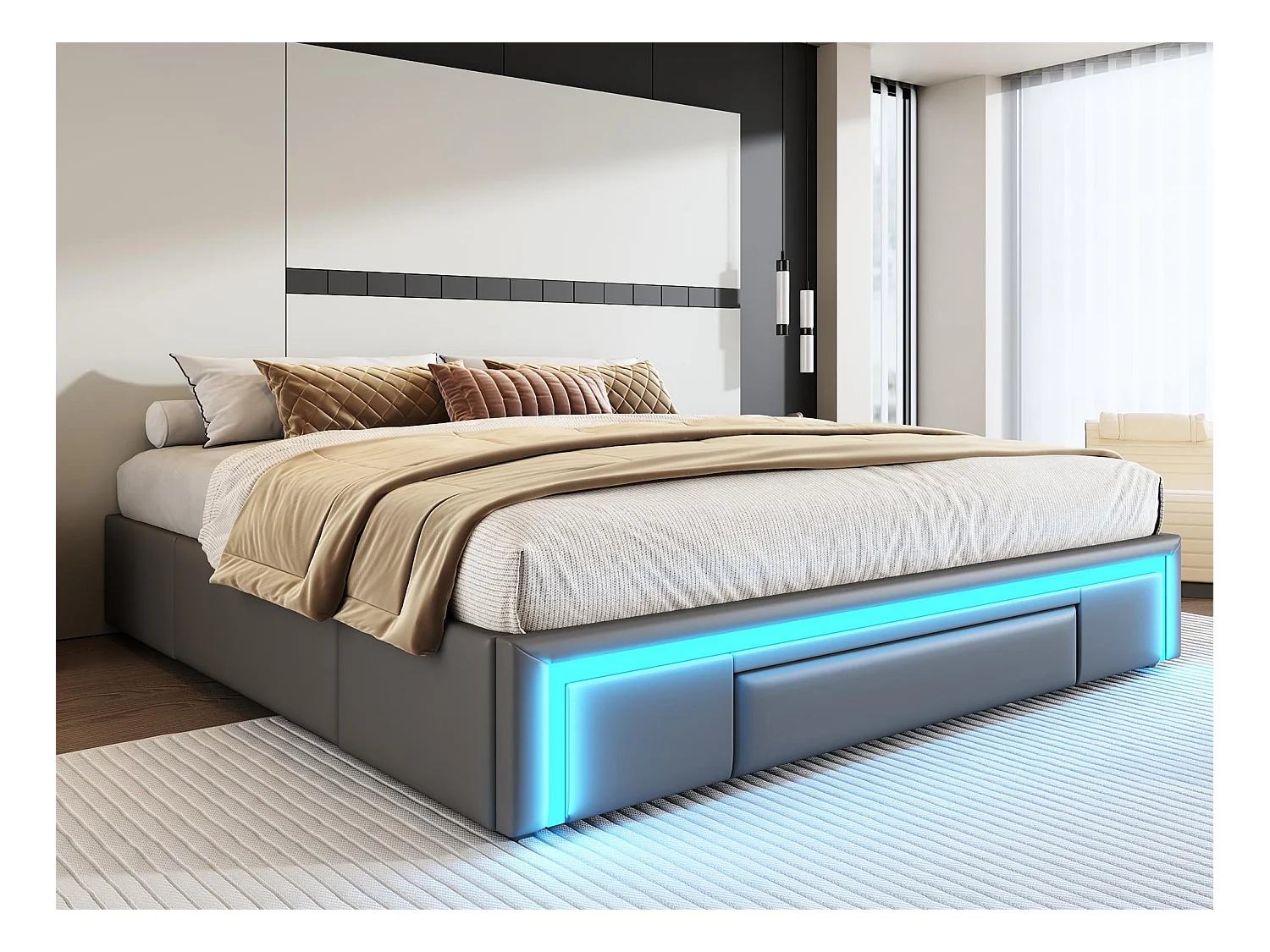 Lit rembourré 180x200cm - avec 3 tiroirs - lit en cuir PU - sans tête de lit - avec lumière LED - gris