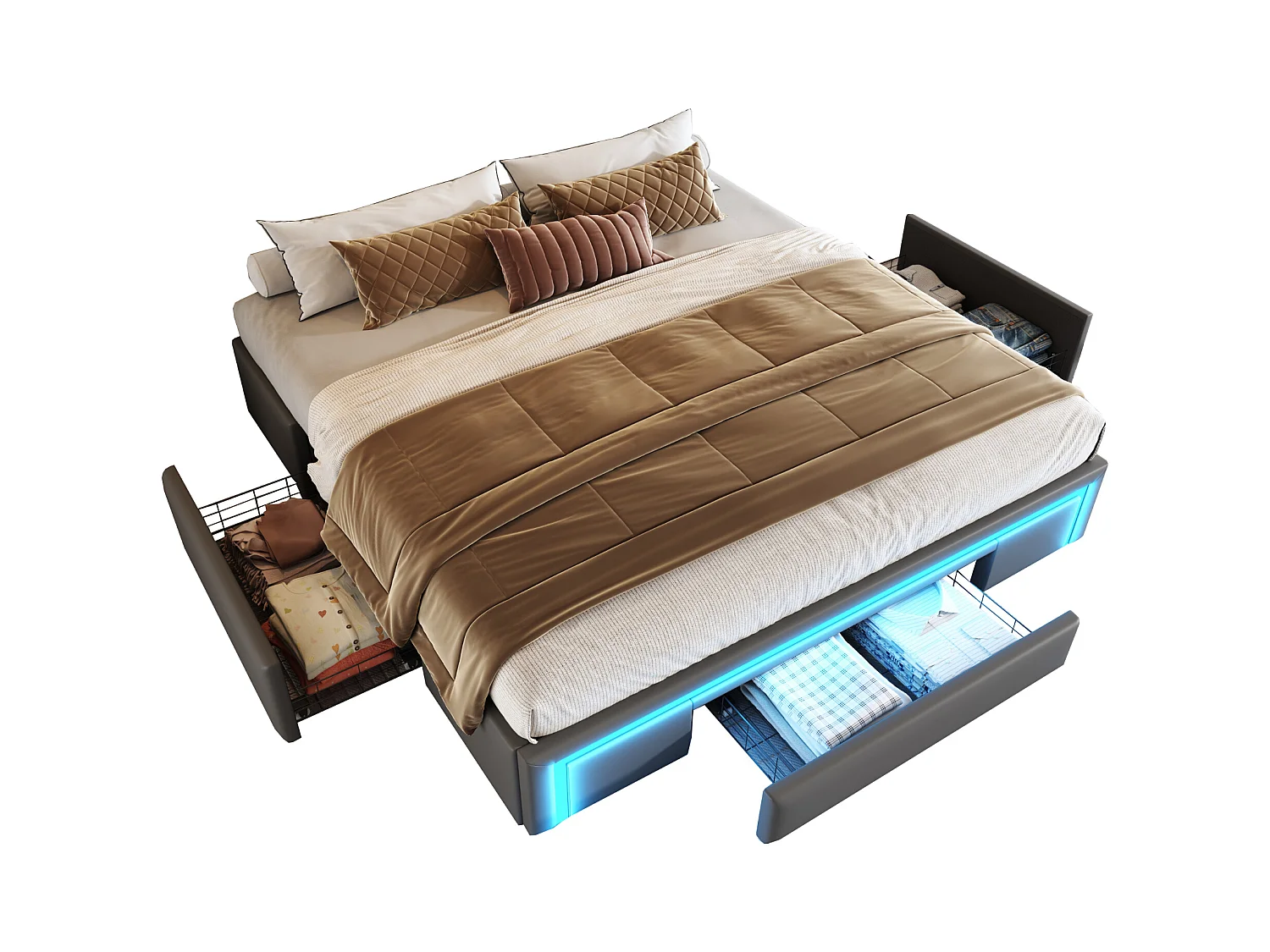 Lit rembourré 180x200cm - avec 3 tiroirs - lit en cuir PU - sans tête de lit - avec lumière LED - gris