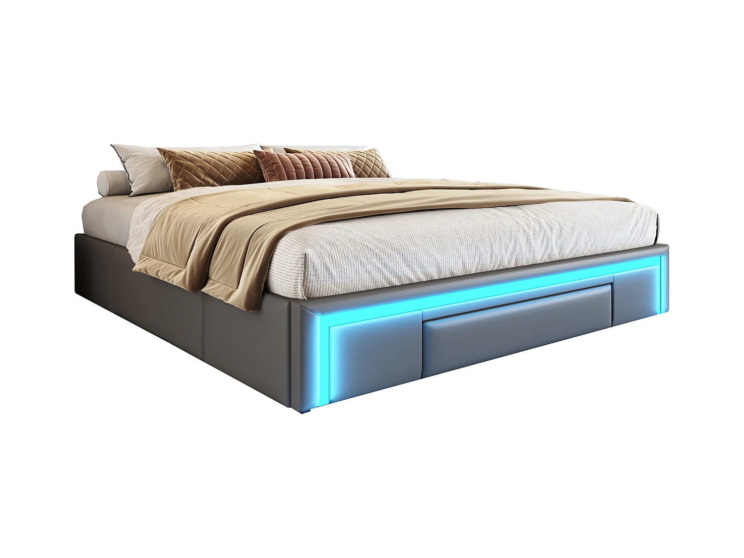 Lit rembourré 180x200cm - avec 3 tiroirs - lit en cuir PU - sans tête de lit - avec lumière LED - gris