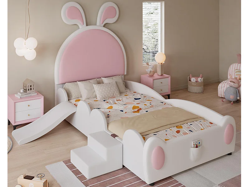 Cama infantil acolchada 90x200 cm - con orejas de conejo - incluye escalera pequeña y tobogán - Rosa+Blanco (sin colchón)