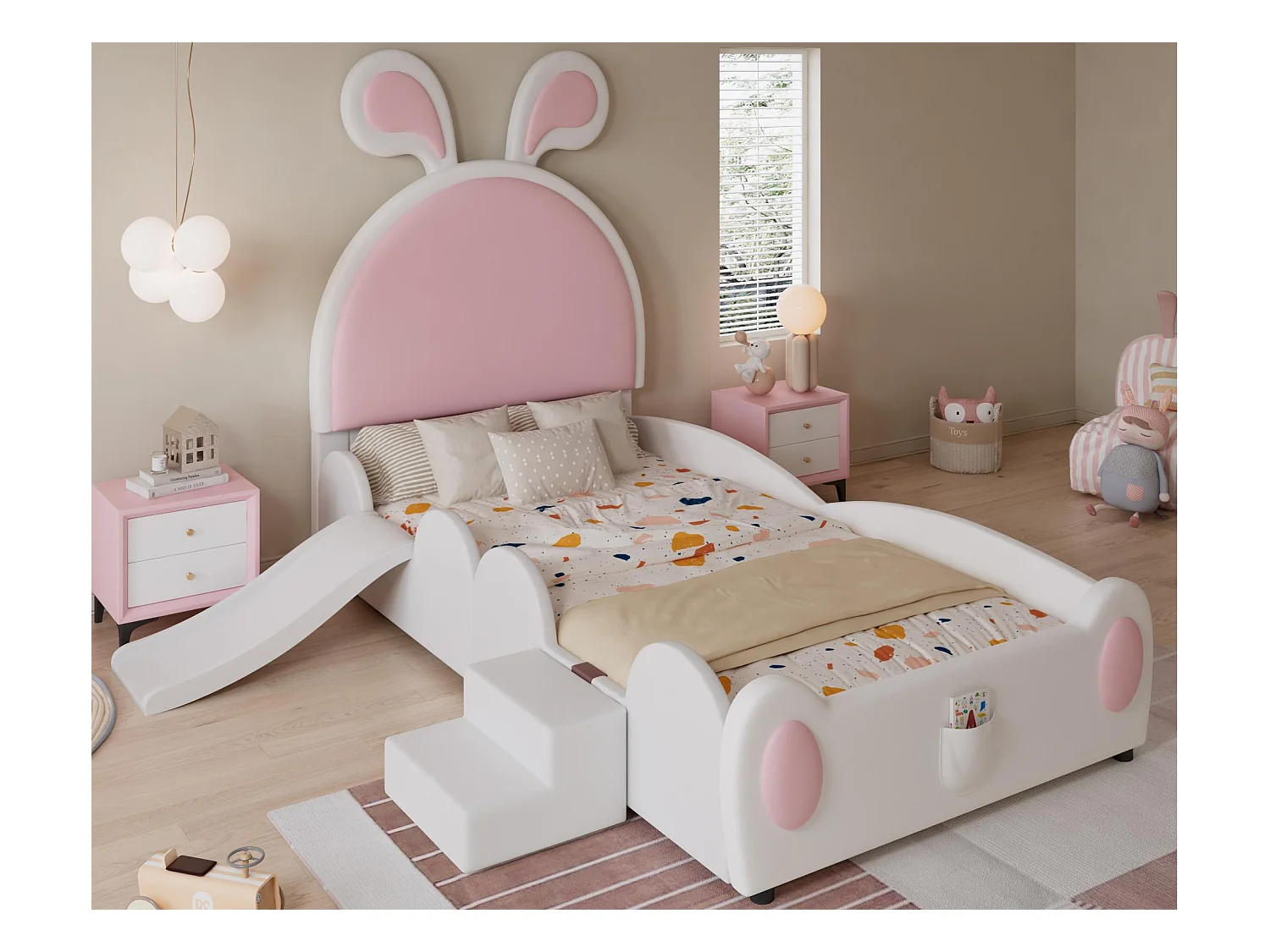 Cama infantil acolchada 90x200 cm - con orejas de conejo - incluye escalera pequeña y tobogán - Rosa+Blanco (sin colchón)