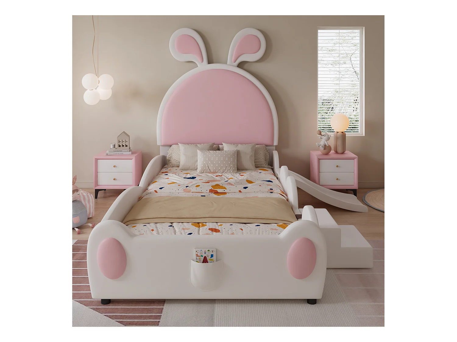 Cama infantil acolchada 90x200 cm - con orejas de conejo - incluye escalera pequeña y tobogán - Rosa+Blanco (sin colchón)