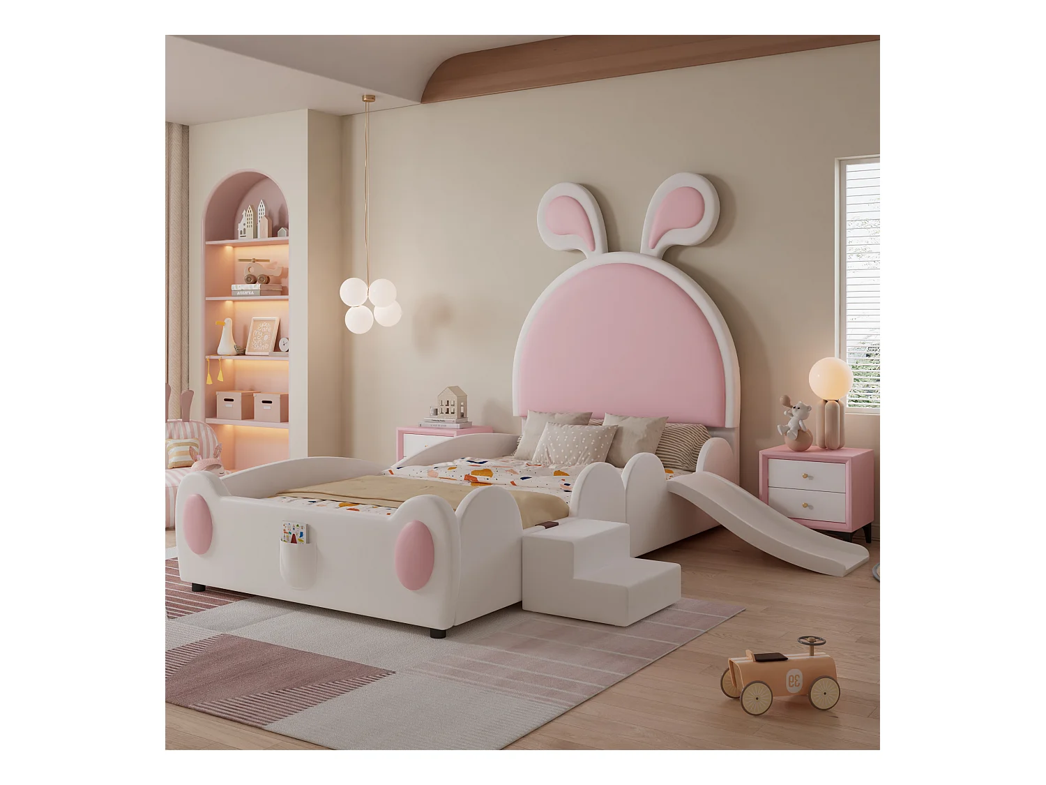 Cama infantil acolchada 90x200 cm - con orejas de conejo - incluye escalera pequeña y tobogán - Rosa+Blanco (sin colchón)