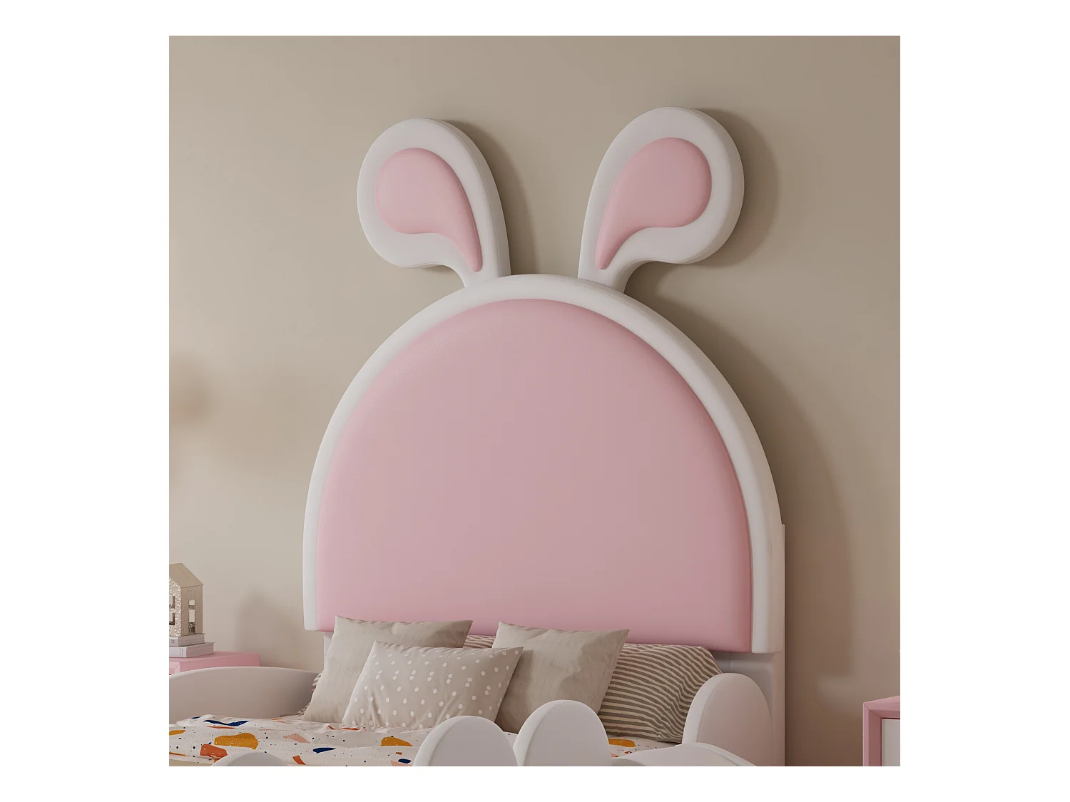 Cama infantil acolchada 90x200 cm - con orejas de conejo - incluye escalera pequeña y tobogán - Rosa+Blanco (sin colchón)