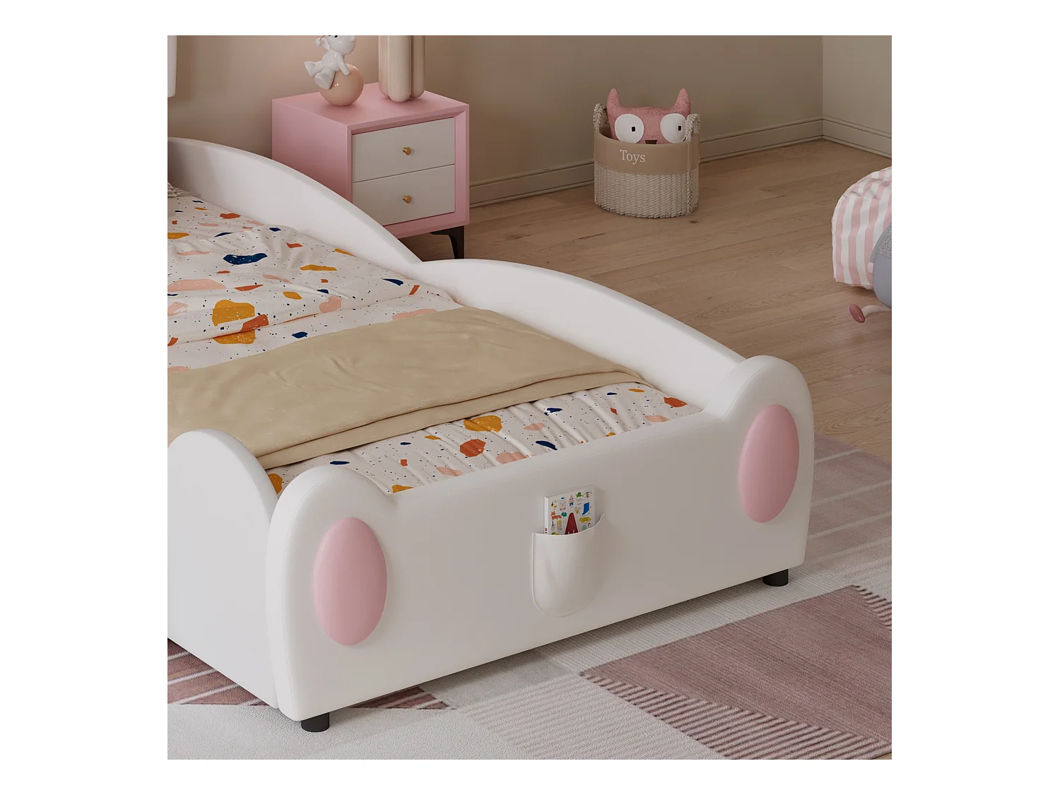 Cama infantil acolchada 90x200 cm - con orejas de conejo - incluye escalera pequeña y tobogán - Rosa+Blanco (sin colchón)
