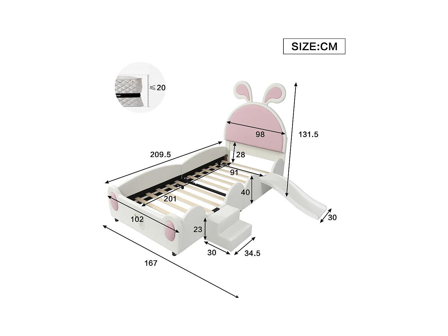 Cama infantil acolchada 90x200 cm - con orejas de conejo - incluye escalera pequeña y tobogán - Rosa+Blanco (sin colchón)